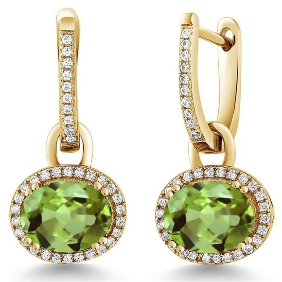 18K Yellow Gold 925 with 4.44 Cttw Peridot Oval Dangling French Lock Earrings